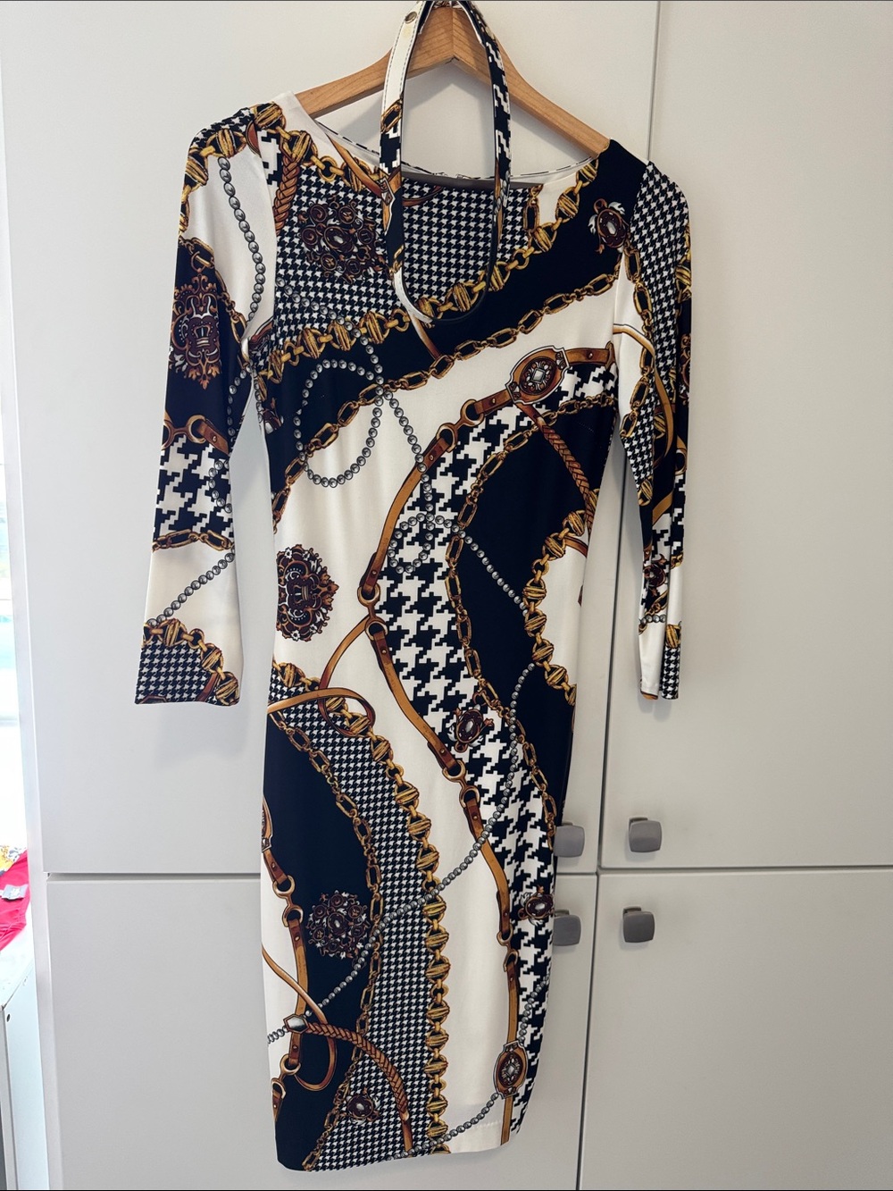 Cache Black, White and Gold Chain-Print Long Sleeve Dress